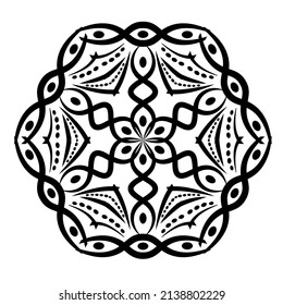  Monochrome circular geometric ornament. Round mandala for coloring book page. Template for printing on fabric.