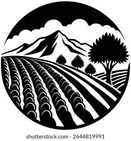 A monochrome circular landscape shows rows of crops in a field, backed by mountains, trees, and a cloudy sky, creating a simple yet evocative scene of rural life.