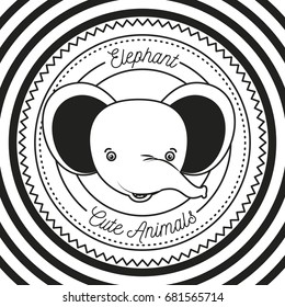 monochrome circular lines background with silhouette frame decorative and face elephant cute animals text vector illustration