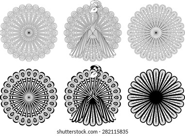 Monochrome circular ornaments with peacock motif.