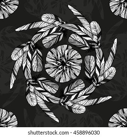 Monochrome circular pattern. Round kaleidoscope of feathers and floral elements.. Boho chic