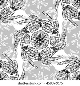 Monochrome circular pattern. Round kaleidoscope of feathers and floral elements. Boho chic
