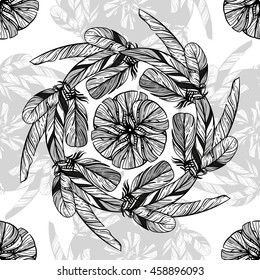 Monochrome circular pattern. Round kaleidoscope of feathers and floral elements. Boho chic