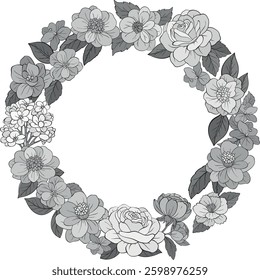 monochrome circular wreath made of floral elements.