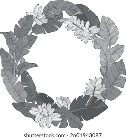 monochrome circular wreath made of Tropical vector banana palm leaves background