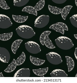 Monochrome citrus fruit vintage seamless pattern with whole lime and its slices, vector illustration