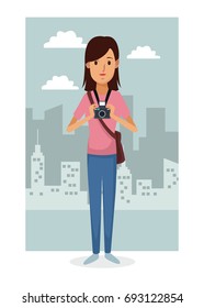 monochrome city landscape frame background with colorful full body woman photograph