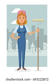 monochrome city landscape frame background with colorful full body woman artist