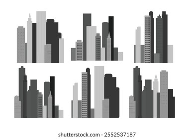 A monochrome city skyline featuring black and white silhouettes of buildings isolated on white background. Black and white houses. Flat minimalistic style