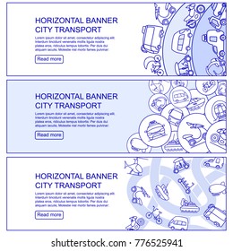 Monochrome city transport horizontal banners with ground air and water vehicles icons vector illustration