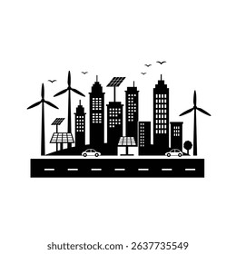Monochrome Cityscape Image Featuring Modern Wind Turbines Generating Clean Energy