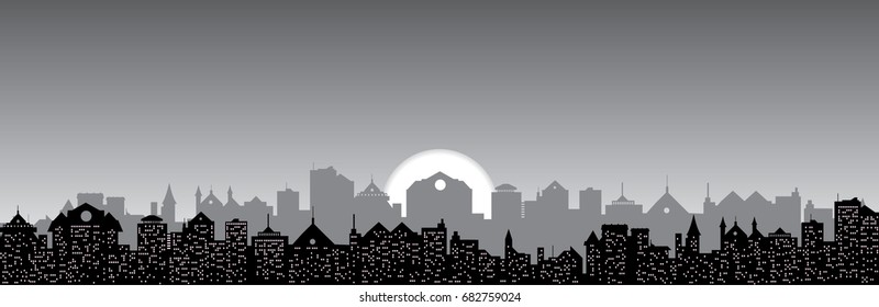 monochrome cityscape and sun
urban skyline vector illustration