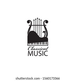 monochrome classical concert emblem with piano and lyre