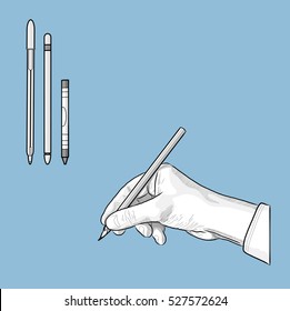 Monochrome Classical Style Drawing and Writing Hand Sketch Vector Set with Stationary Selection including Stylus Pen Pencil and Crayon Isolated on a Blue Background
