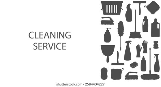 Monochrome cleaning service background with silhouettes of household cleaning tools and supplies. Perfect for banners, flyers, advertisements related to cleaning services