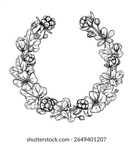 Coroa de amora nublada monocromática com bagas, flores e folhas quadro vetorial com espaço vazio para texto. Desenho de gravura de baga nórdica para convite de casamento, rótulo de produto orgânico, embalagem sazonal.