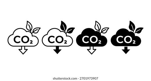 Monochrome CO2 reduction icons representing clean environment, carbon control, and global sustainability.