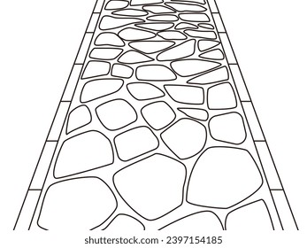 Monochrome cobblestone line drawing. Image of the entrance approach and approach to the shrine.