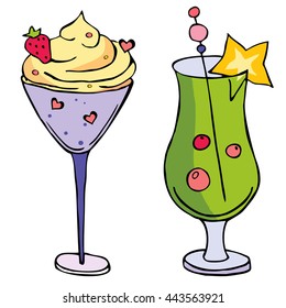 Monochrome cocktail set, funny cocktails with fruits and berries, tropical cocktails collection, sweet summer cocktails, hand draw cocktails, vector drink for decoration  