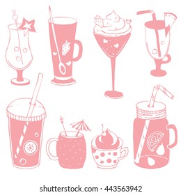 Monochrome cocktail set, funny cocktails with fruits and berries, tropical cocktails collection, sweet summer cocktails, hand draw cocktails, vector drink for decoration  