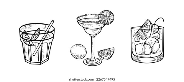 Monochrome cocktails set with lemon and ice cubes. Engraving style vector art illustration isolated on white background.