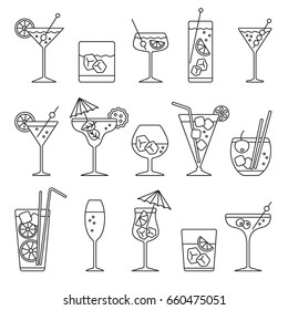 Monochrome cocktails set: thin monochrome icons set, black and white kit