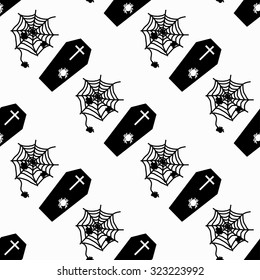 monochrome coffins and cobweb on white background seamless pattern vector illustration