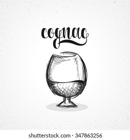 Monochrome cognac in glass with calligraphy. Sketch glasses rum drawn handmade. Alcohol graph. Careless realistic sketch. Calligraphic set