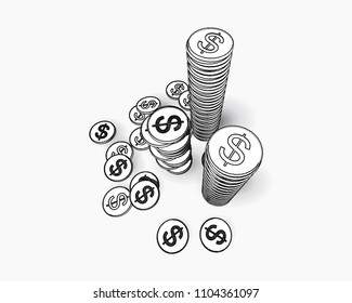 Monochrome Coin Pile Set Drawing In Top Camera View Isolated On Gold Background