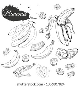 Monochrome collection of bananas. Whole and sliced elemets isolated on white background. Hand drawn sketch. Vector illustration.