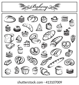 monochrome collection of bread and bakery products