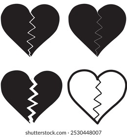 Monochrome Collection of Broken Heart Icons with Jagged Fracture Lines for Dramatic and Emotional Graphic Design Use
