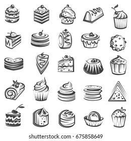 monochrome collection of cakes and cupcakes
