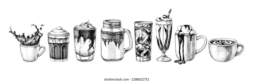 Monochrome collection of coffee dessert drinks