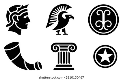 Monochrome collection of historical elements including roman profile statues eagle architecture pillars horn symbol.