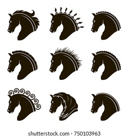 monochrome collection of horse heads with different manes