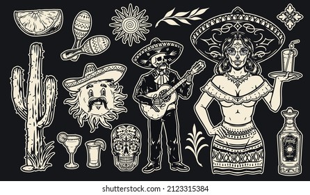 Monochrome collection of mexican festive elements with skeleton in charro playing guitar, sun in sombrero, waitress with painted face carrying cocktail, twigs, tequila drinks and calavera, vector