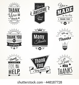 Monochrome collection of nine vintage thank you signs with sun light elements in retro font style isolated vector illustration