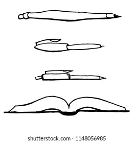 Monochrome collection of pens and book. Hand drawn vector background.
