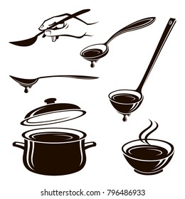 monochrome collection of plate of soup, spoon, ladle and pan