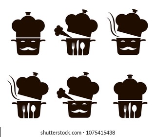 monochrome collection of pots with steam and cook hats