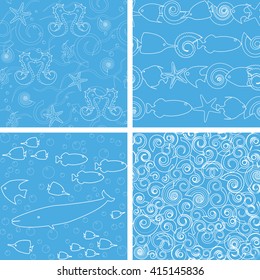 Monochrome collection of sea life seamless patterns