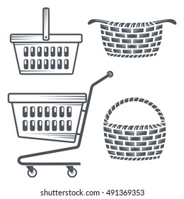 monochrome collection of shopping carts and baskets