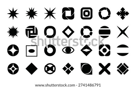 A monochrome collection of thirty abstract geometric shapes. This set features a variety of brutalist style icons for modern design.
