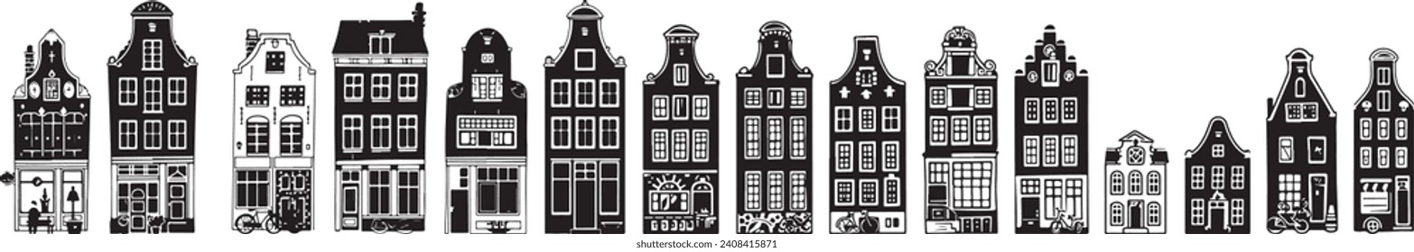 A monochrome collection of traditional Dutch canal houses, architecture of Amsterdam. ideal for posters or educational graphics