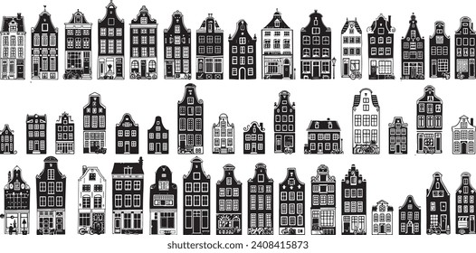 A monochrome collection of traditional Dutch canal houses, architecture of Amsterdam. ideal for posters or educational graphics