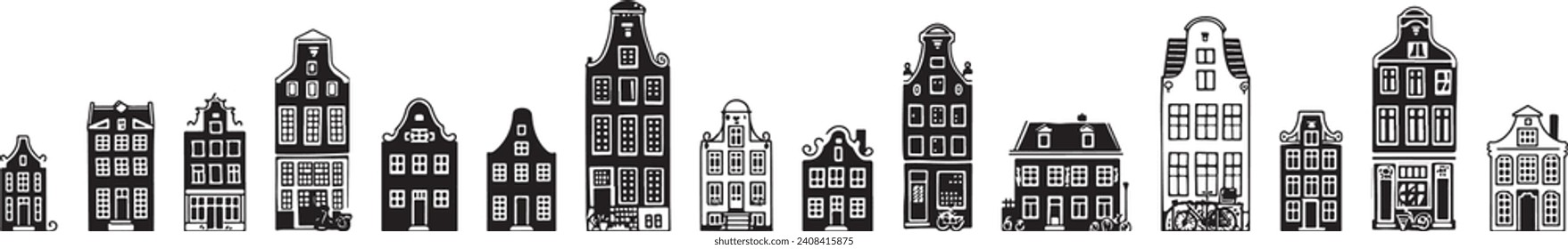 A monochrome collection of traditional Dutch canal houses, architecture of Amsterdam. ideal for posters or educational graphics