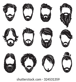 monochrome collection of twelve face with beards and hairs