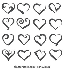 monochrome collection of various icons of hearts