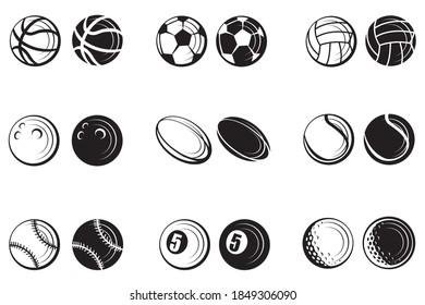 monochrome collection of various sport balls isolated on white background